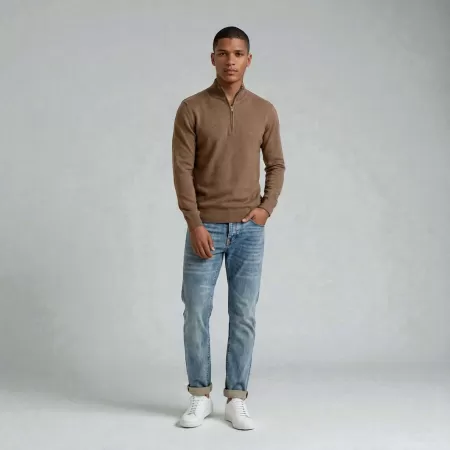 Jersey de Cachemira con Quarter Zip Marrón Claro