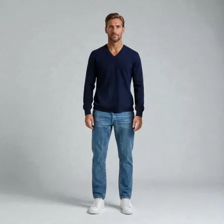 Jersey de Cachemir Cuello en V Azul Marino