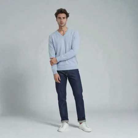 Jersey de Cachemir Cuello en V Azul Claro