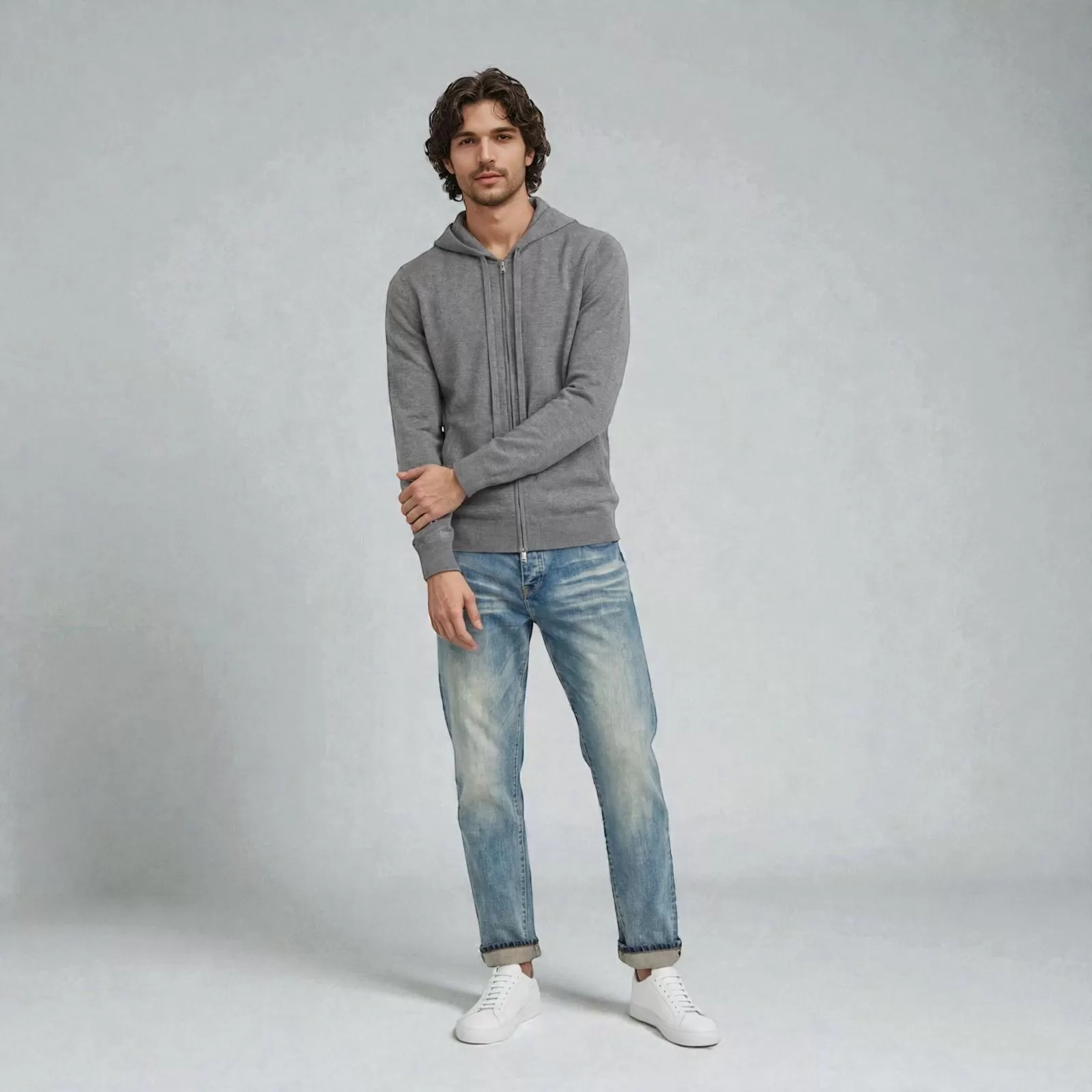 Sudadera con capucha y Cremallera de cachemira Gris Sudadera con capucha y Cremallera de cachemira Gris