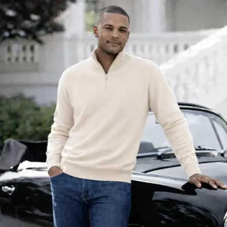 Jersey de Cachemira con Quarter Zip Beige Claro