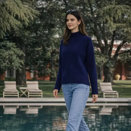 Jersey de Cuello Alto de Cachemira Azul Jersey de Cuello Alto de Cachemira Azul